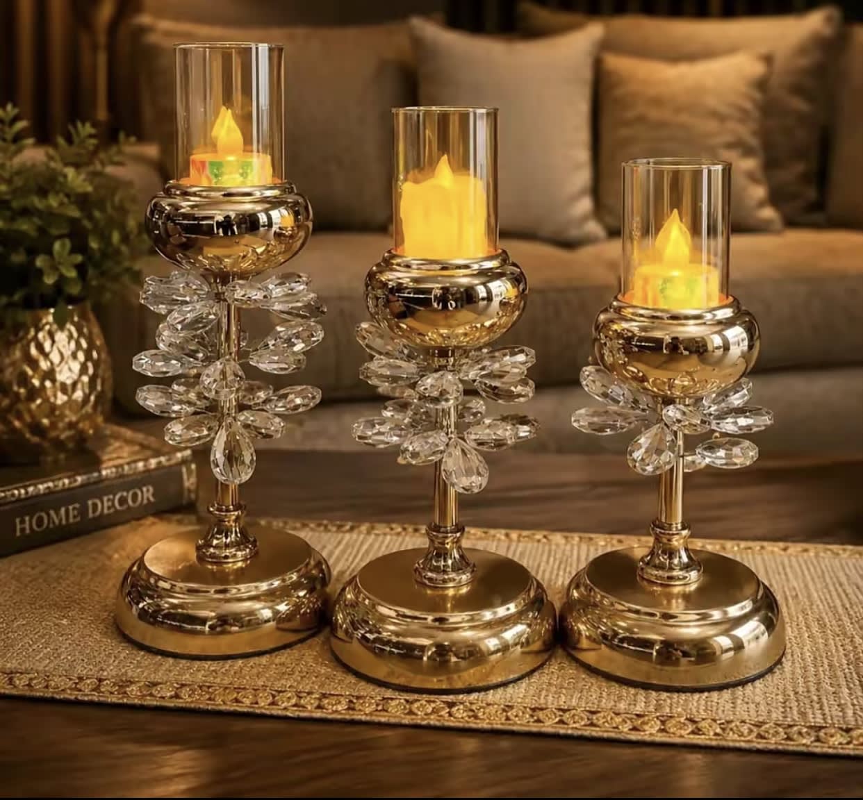 Golden Crystal Pillar Candle Holder Set (3-Piece)