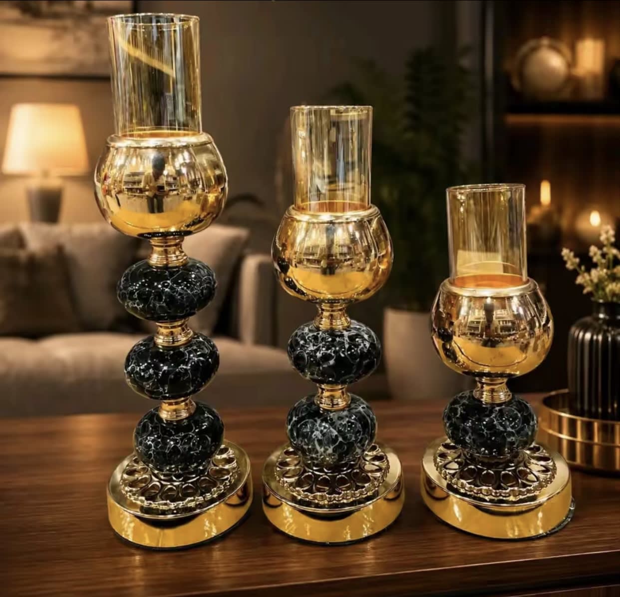 Luxury Gold & Black Marble Pillar Candle Holder Set (3-Piece)