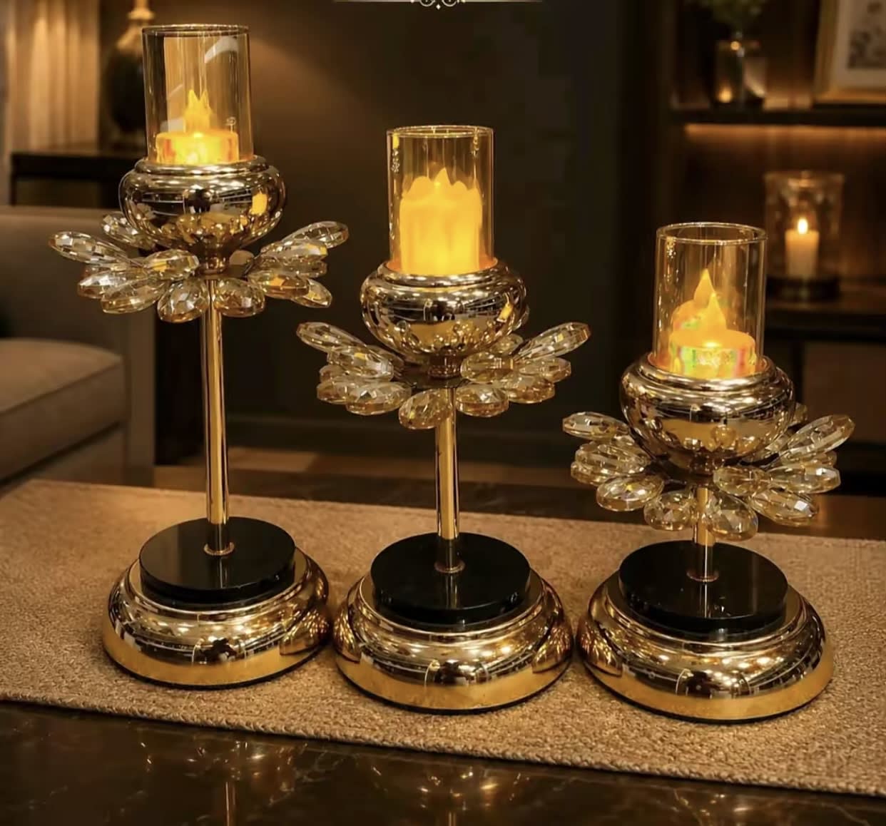 Luxurious Crystal Lotus Pillar Candle Holder Set (3-Piece)