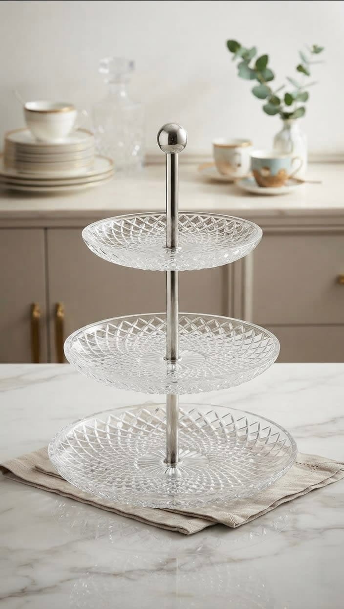 3-Tier Crystal Glass Serving Stand with Metal Handle