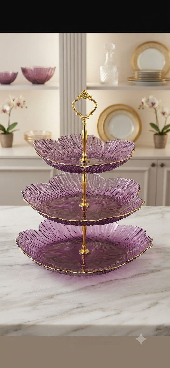 Luxury Purple Floral 3-Tier Glass Serving Stand