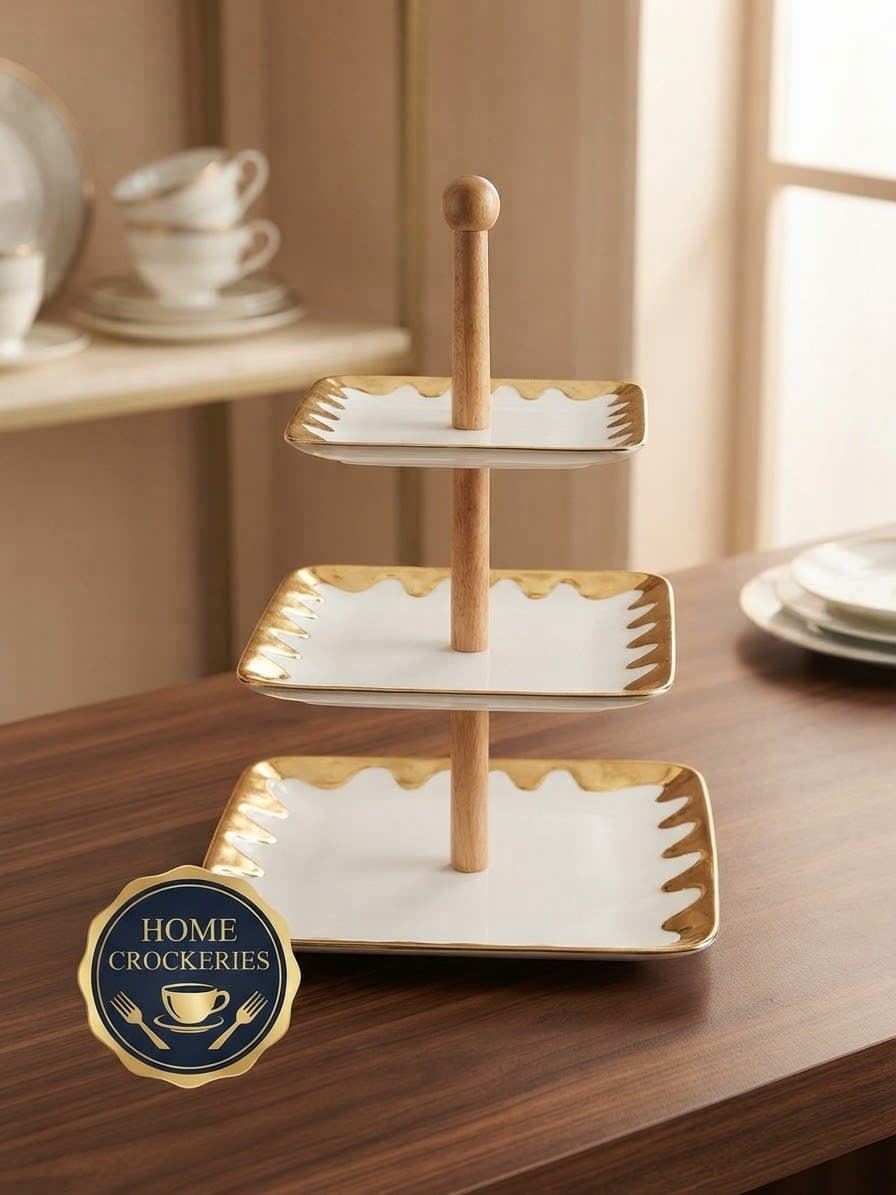 Tier Square Ceramic Serving Stand with Gold Trim