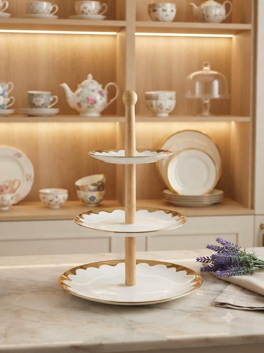 Golden Scallop 3-Tier Ceramic Serving Stand with Wooden Rod