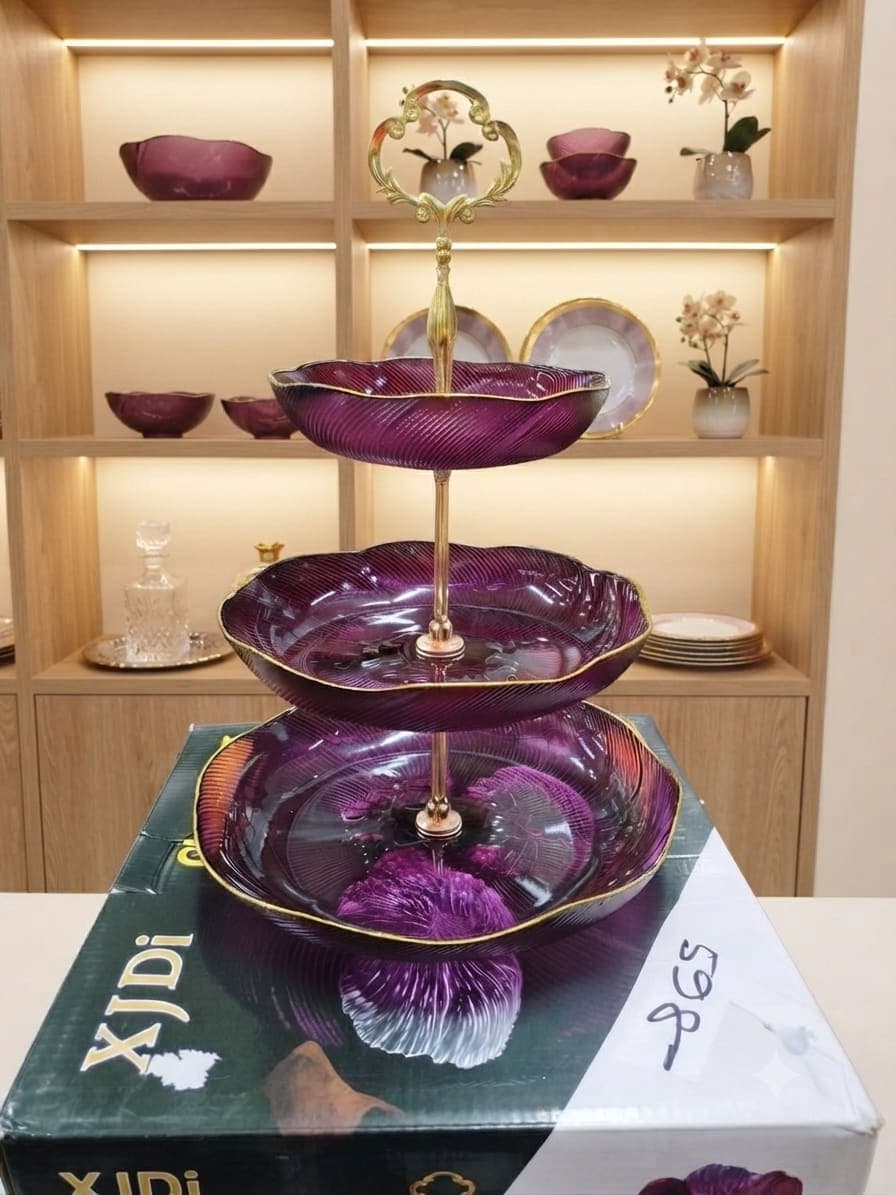 3-Tier Purple Glass Serving Stand with Golden Stand