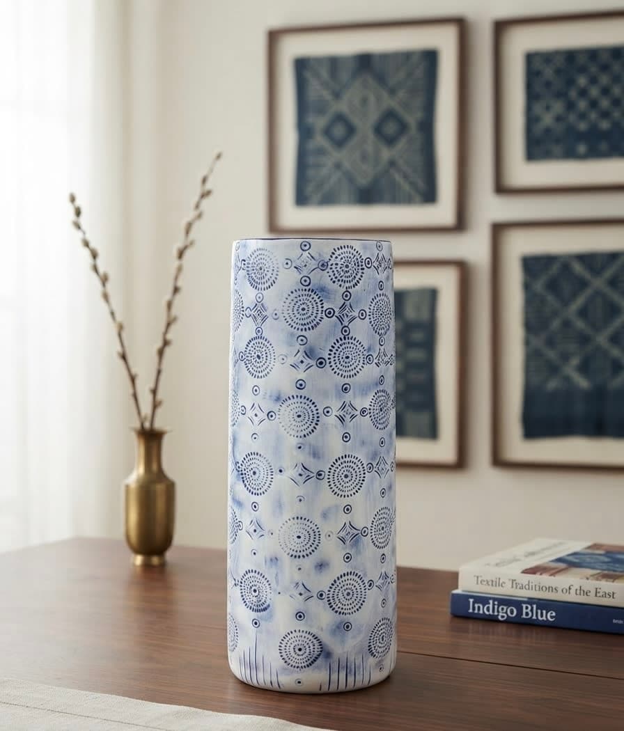 Artisan Ceramic Blue & White Patterned Cylinder Vase