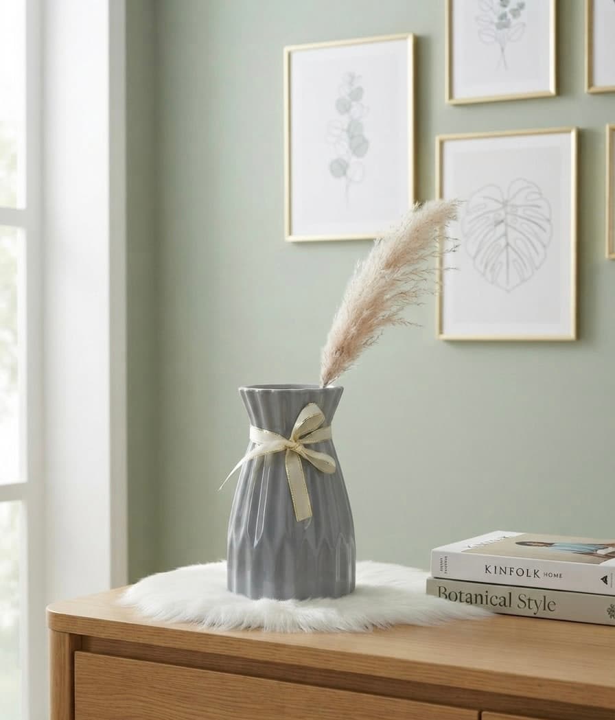 Elegant Ceramic Flower Vase with Ribbon Bow (Grey)