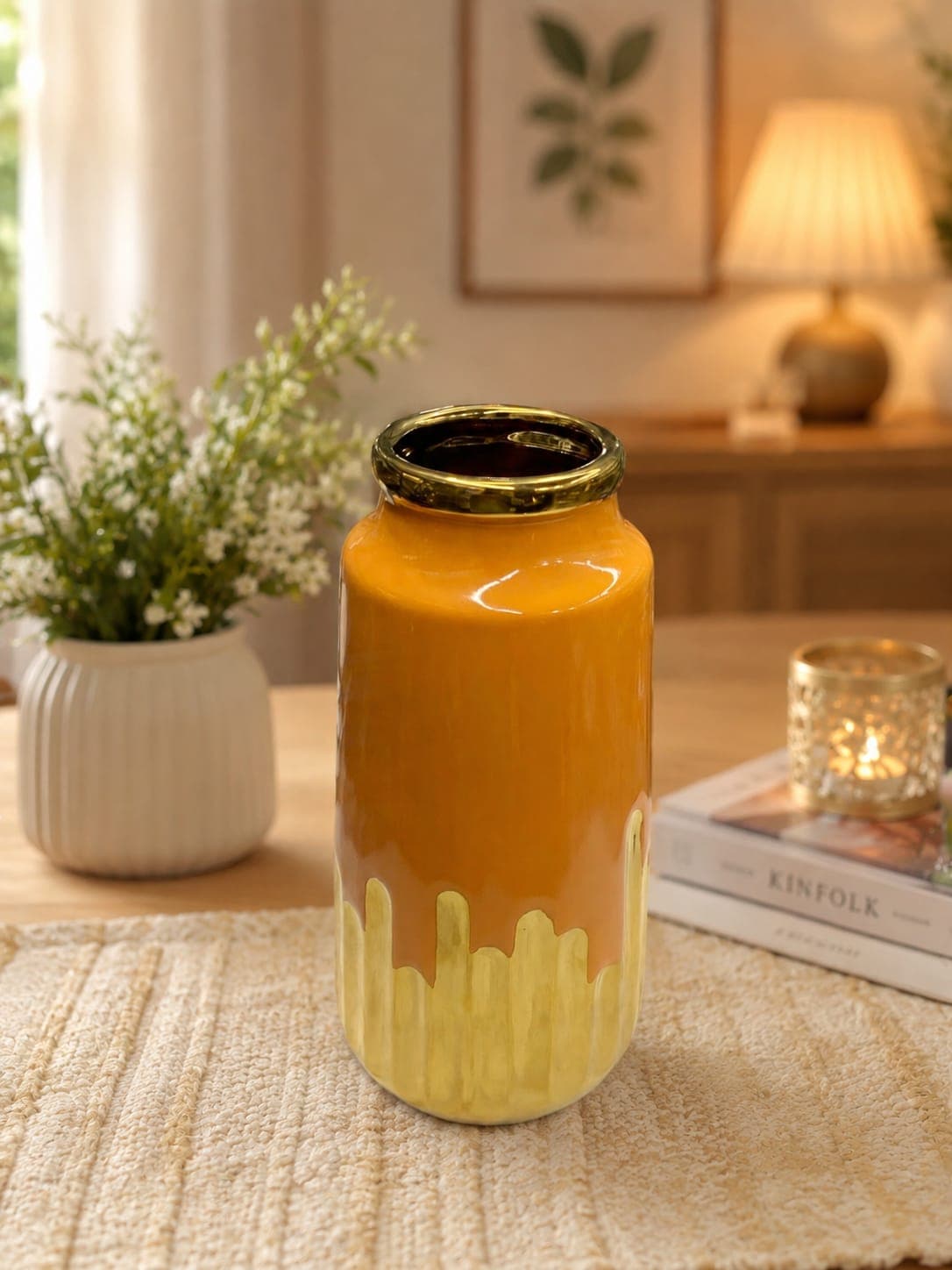 Luxury Ceramic Flower Vase – Golden Drip Design