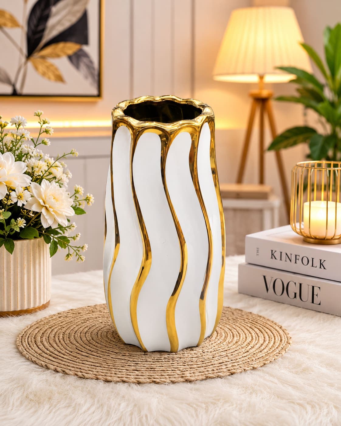 Luxury White & Gold Ceramic Flower Vase