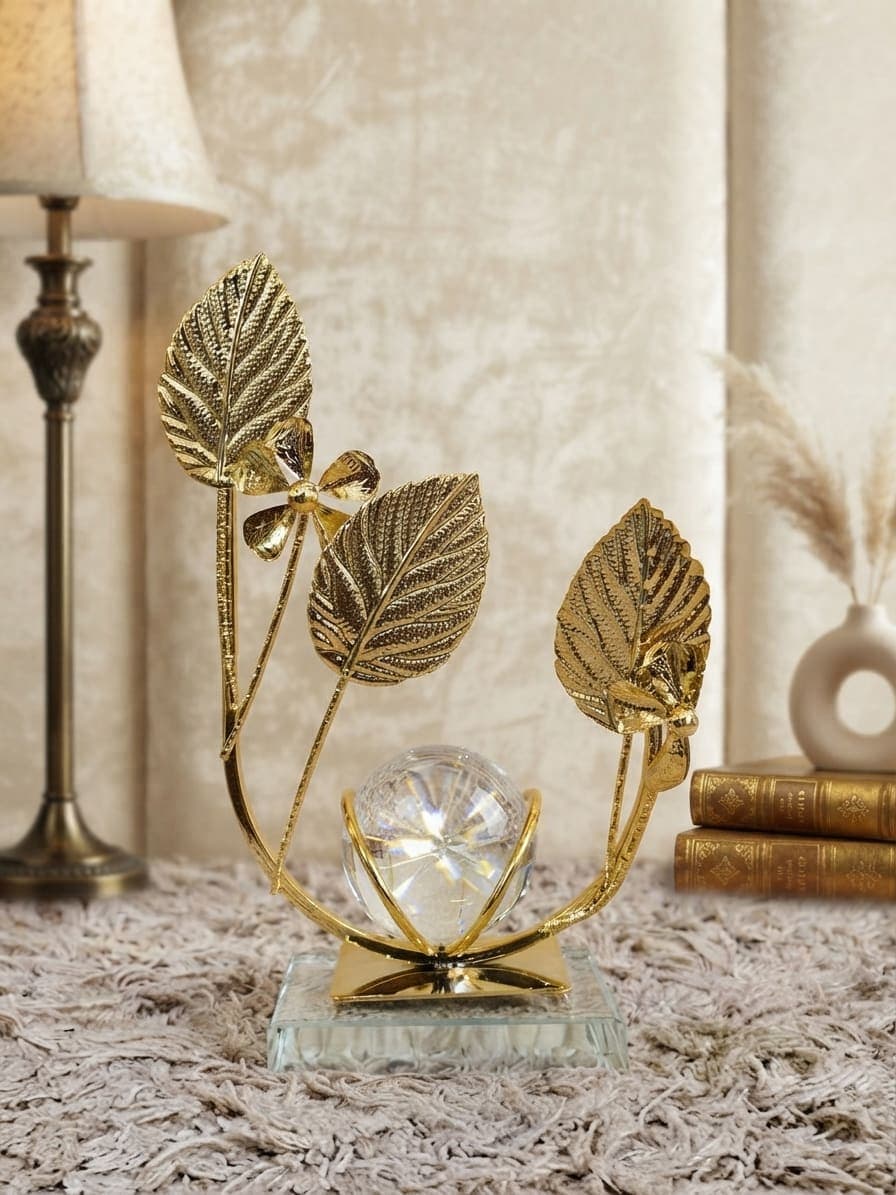 Golden Textured Leaves with Crystal Ball Table Showpiece)