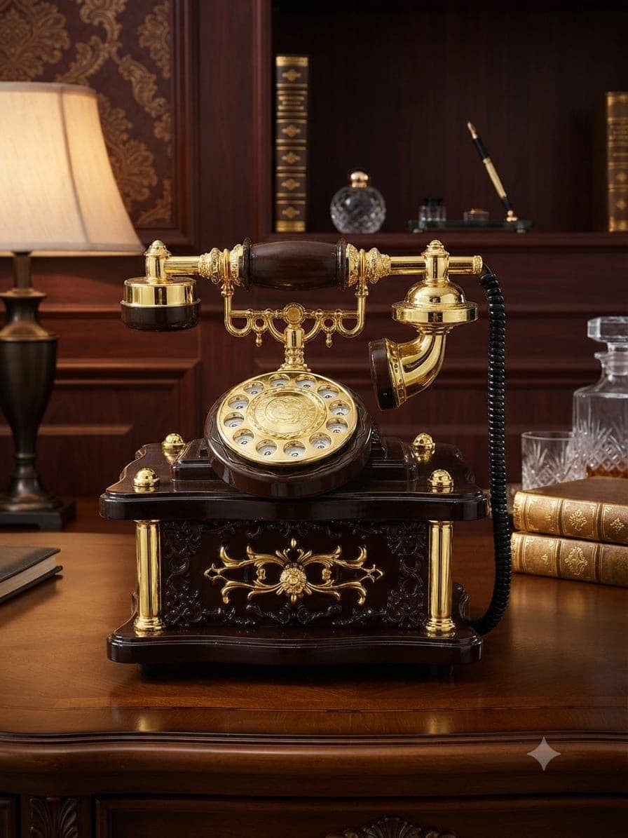 Vintage Antique Style Dark Brown ,white and Golden Landline Telephone Table Showpiece)