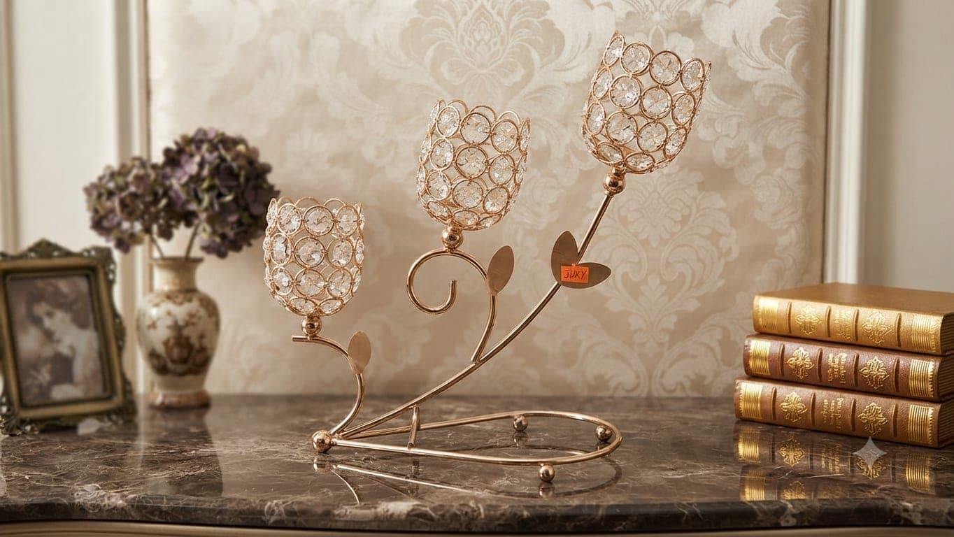 Three-Cup Golden Crystal Branch Candle Holder Showpiece)