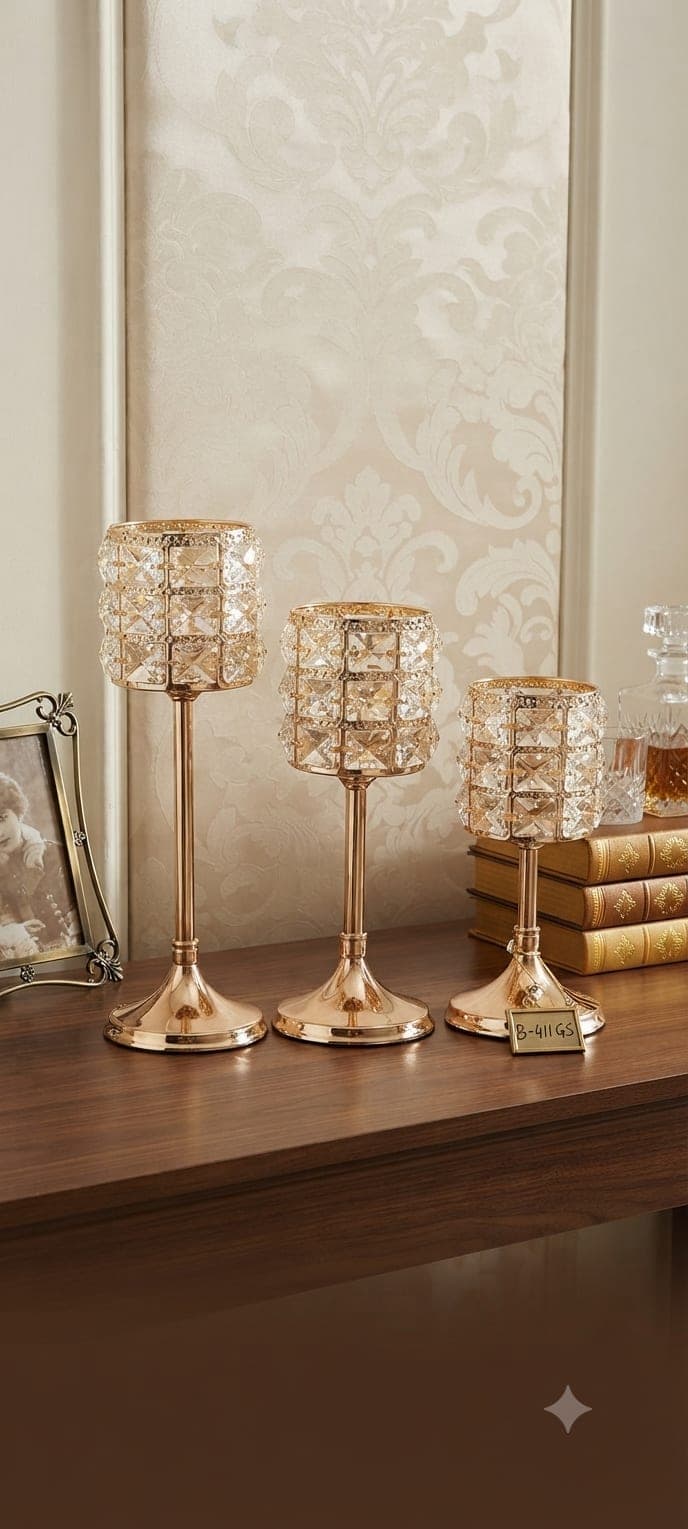 Crystal Cube-Studded Table Showpiece and Candle Holder Set)