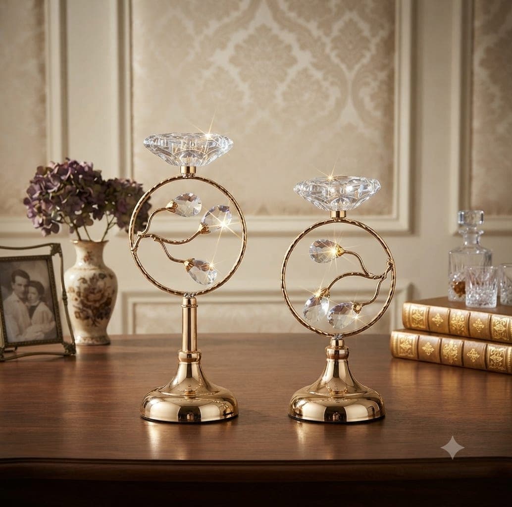 Golden Circle Crystal Leaf Candle Holder Set)