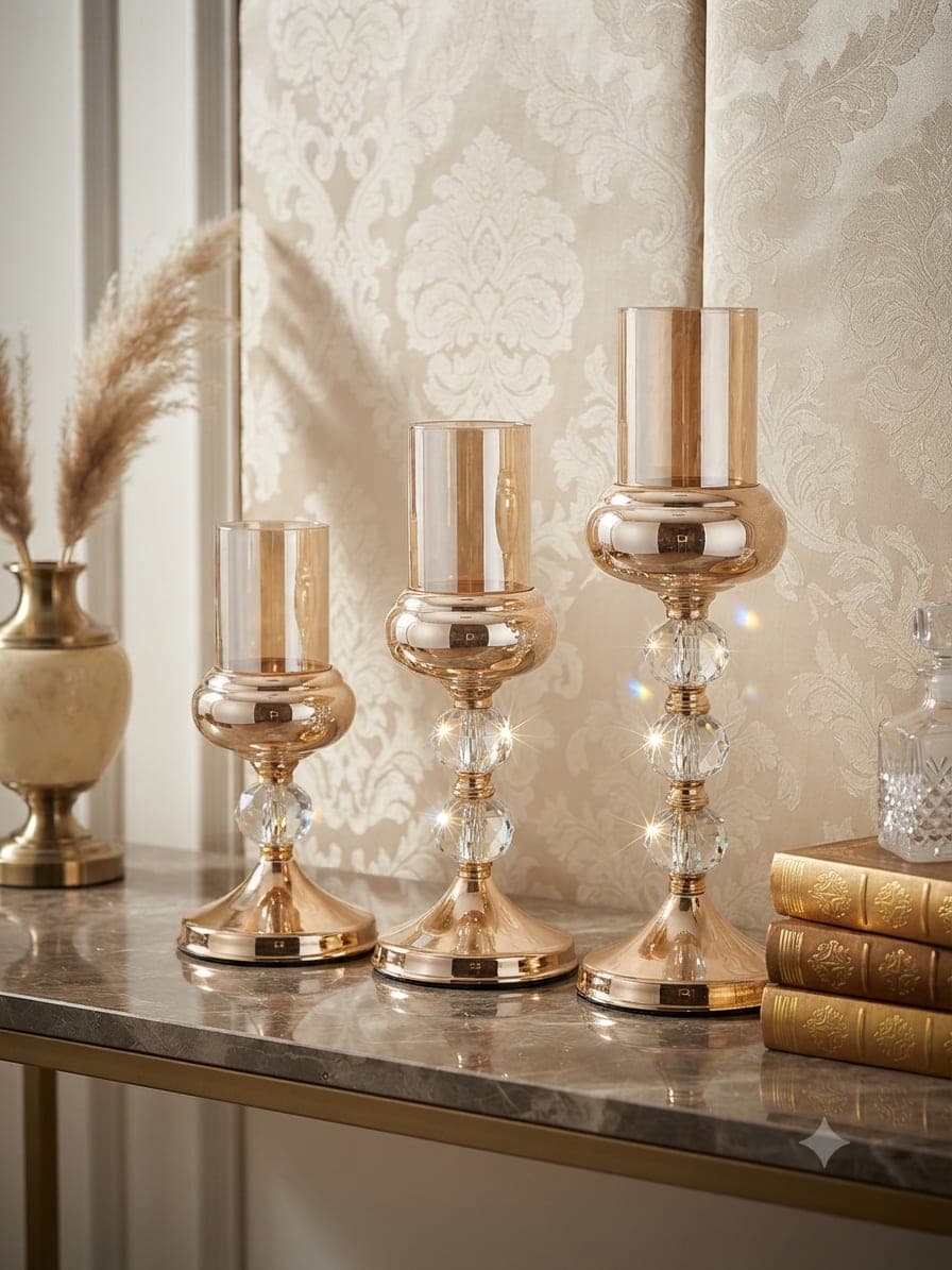 Golden Metal & Crystal Glass Pillar Decor Showpiece Set)