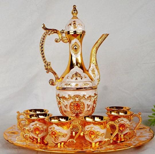 Golden and White Enamel Arabic Coffee/Tea Set)