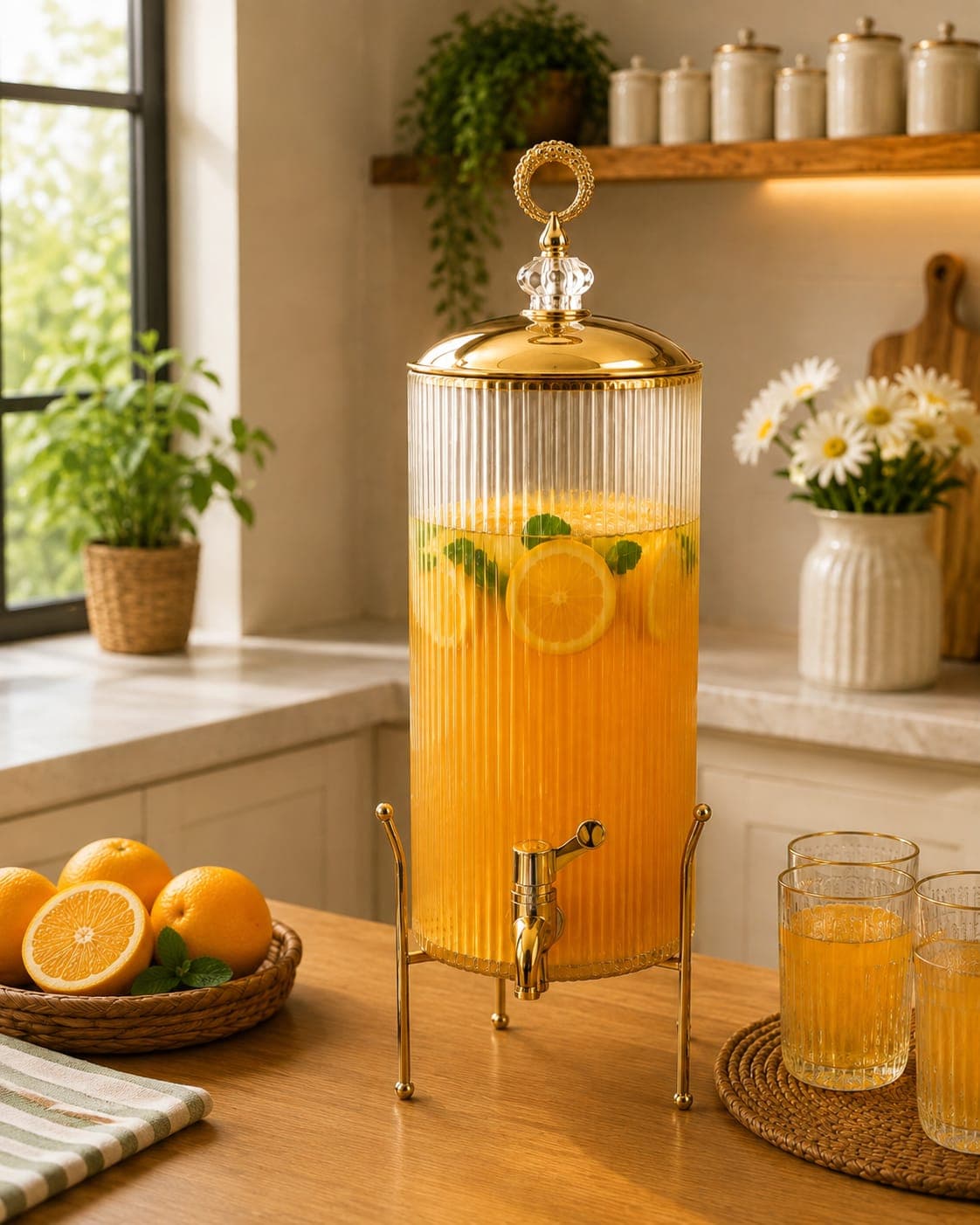 Premium Golden Glass Juice Dispenser – 6 Liter