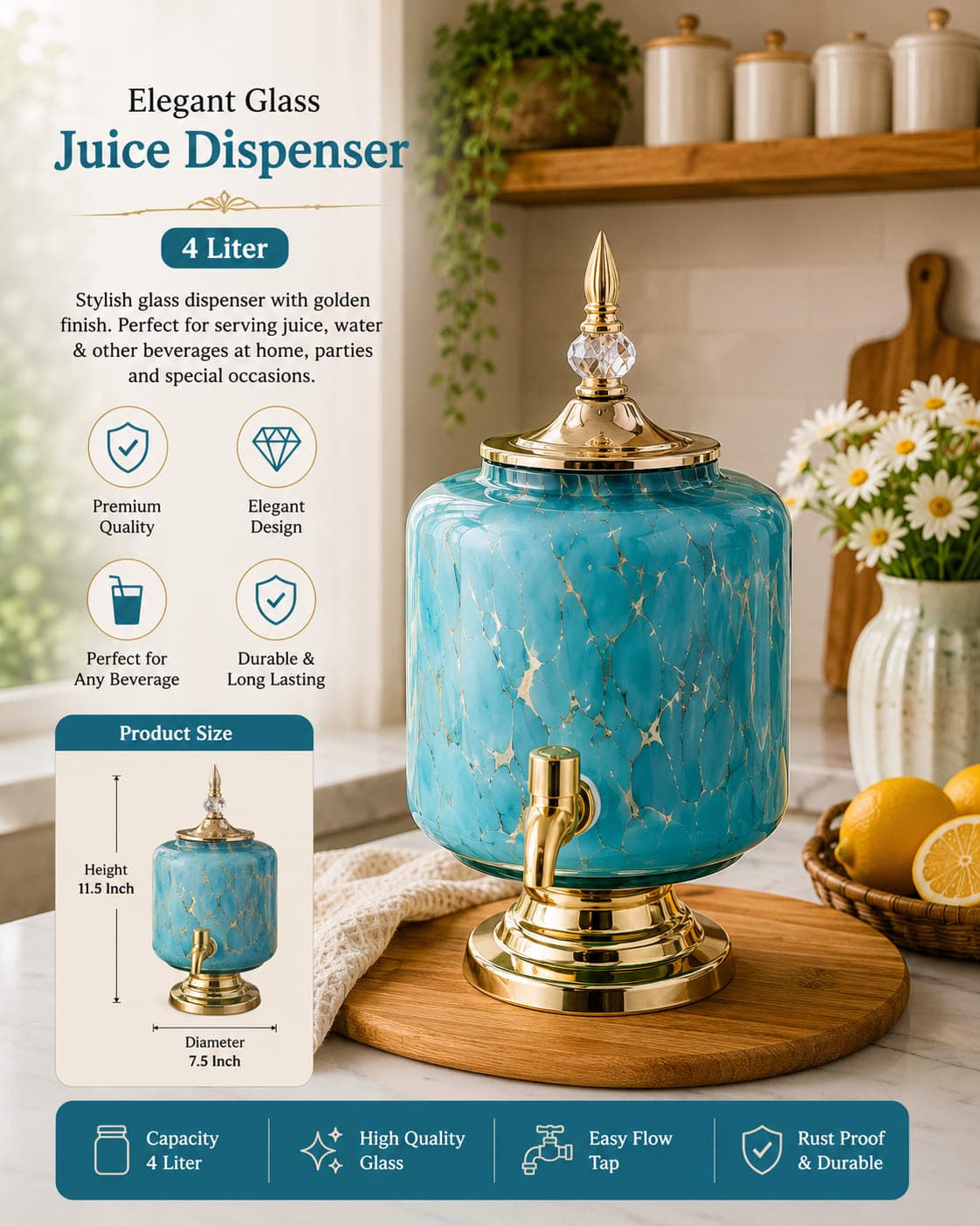 Premium Blue Glass Juice Dispenser – 4 Liter
